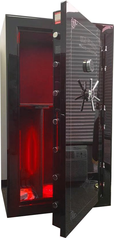 
                  
                    72 inch tall by 42 inch wide Old Glory Super Duty gun safe unlocked in gloss black with red LED lighting
                  
                