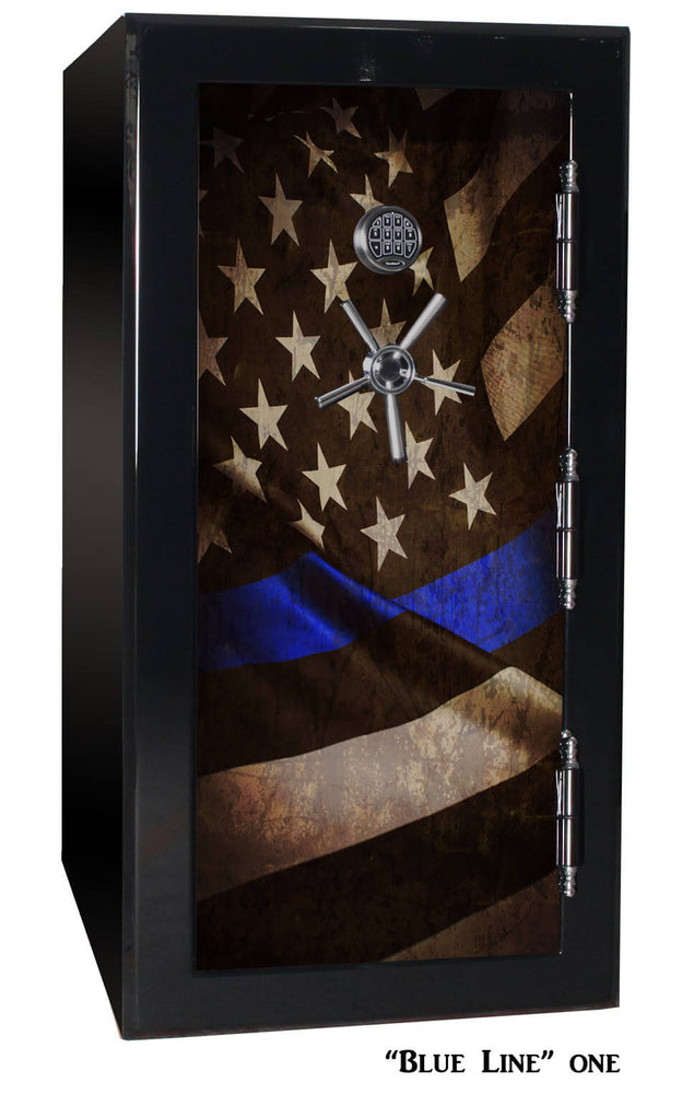 
                  
                    60 inch tall by 30 inch wide Old Glory gun safe locked in gloss black with custom Blue Line One graphic design
                  
                