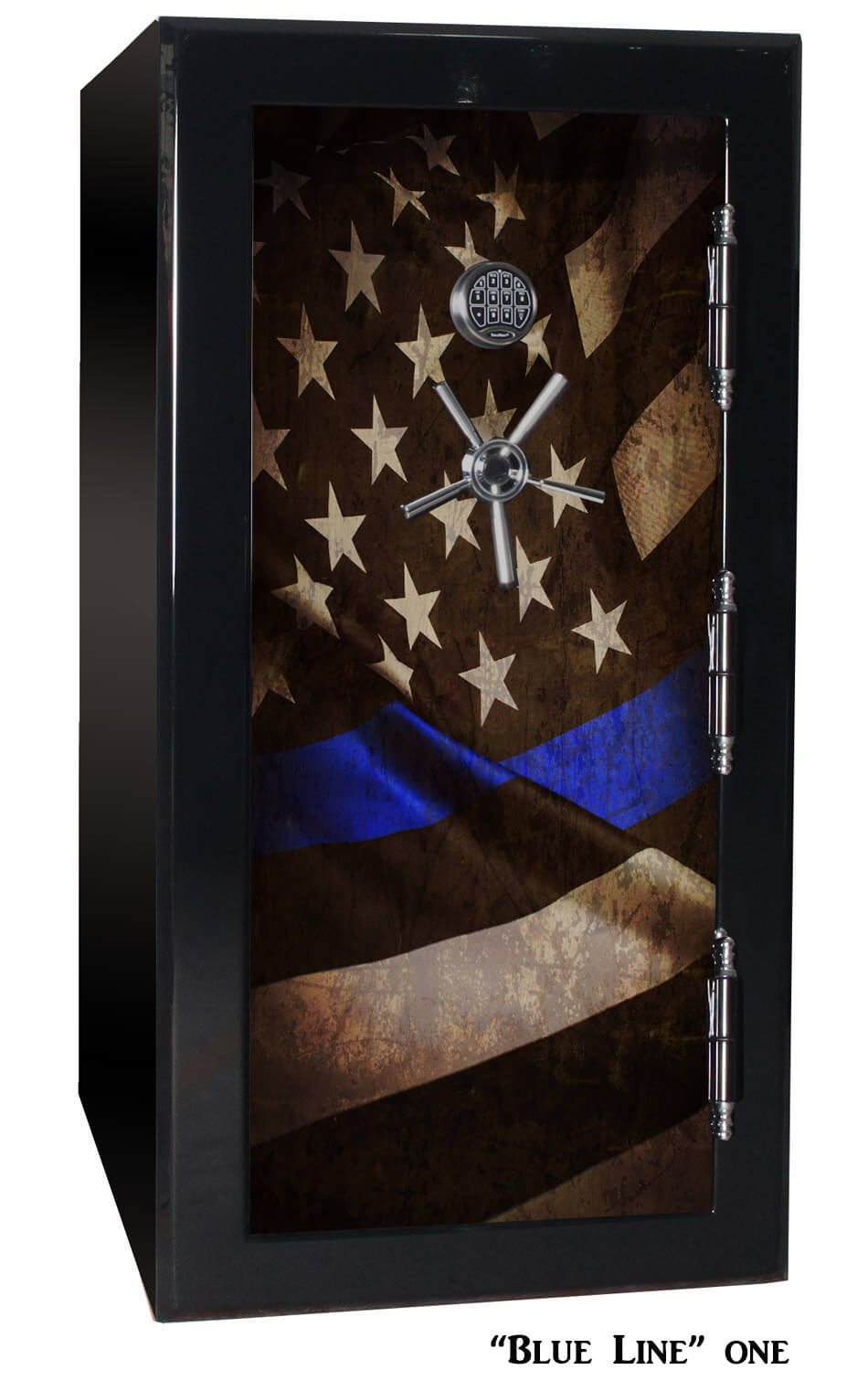 60 inch tall by 30 inch wide Old Glory gun safe locked in gloss black with custom Blue Line One graphic design