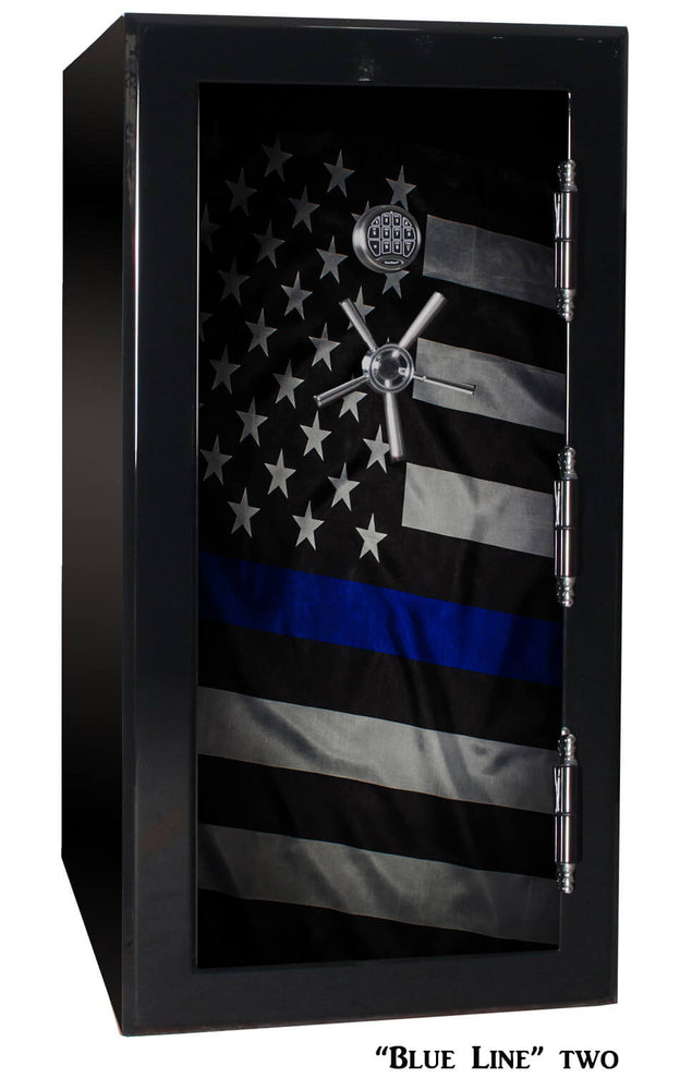60 inch tall by 30 inch wide Old Glory gun safe locked in gloss black with custom Blue Line Two graphic design