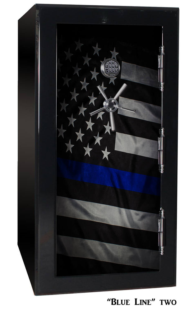 
                  
                    60 inch tall by 30 inch wide Old Glory gun safe locked in gloss black with custom Blue Line Two graphic design
                  
                