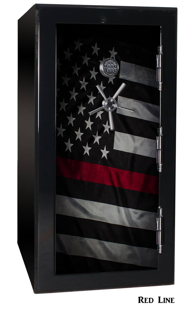 60 inch tall by 30 inch wide Old Glory gun safe locked in gloss black with custom Red Line graphic design
