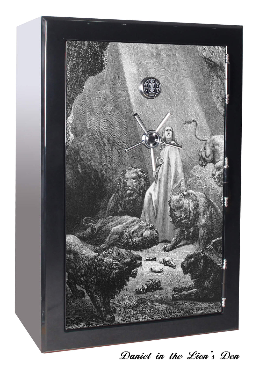 60 inch tall by 39 inch wide Old Glory gun safe locked in gloss black with custom biblical series Daniel in the Lion's Den graphic design