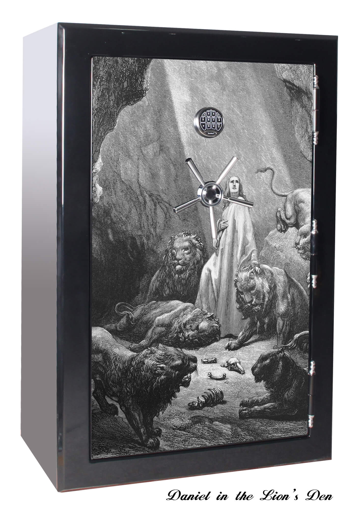 
                  
                    60 inch tall by 39 inch wide Old Glory gun safe locked in gloss black with custom biblical series Daniel in the Lion's Den graphic design
                  
                