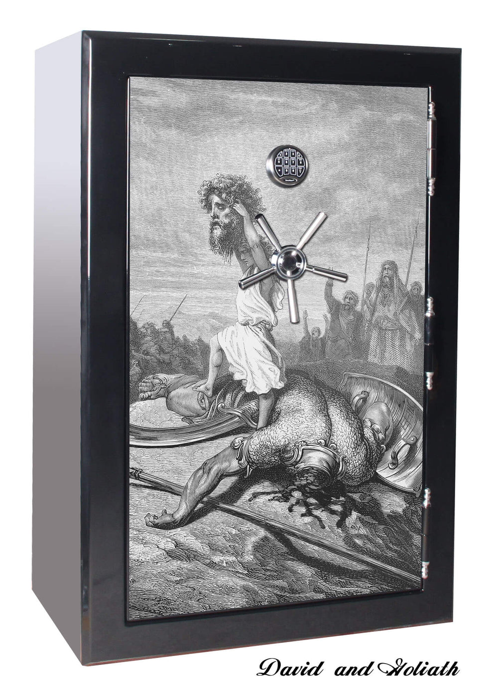 60 inch tall by 39 inch wide Old Glory gun safe locked in gloss black with custom biblical series David and Goliath graphic design