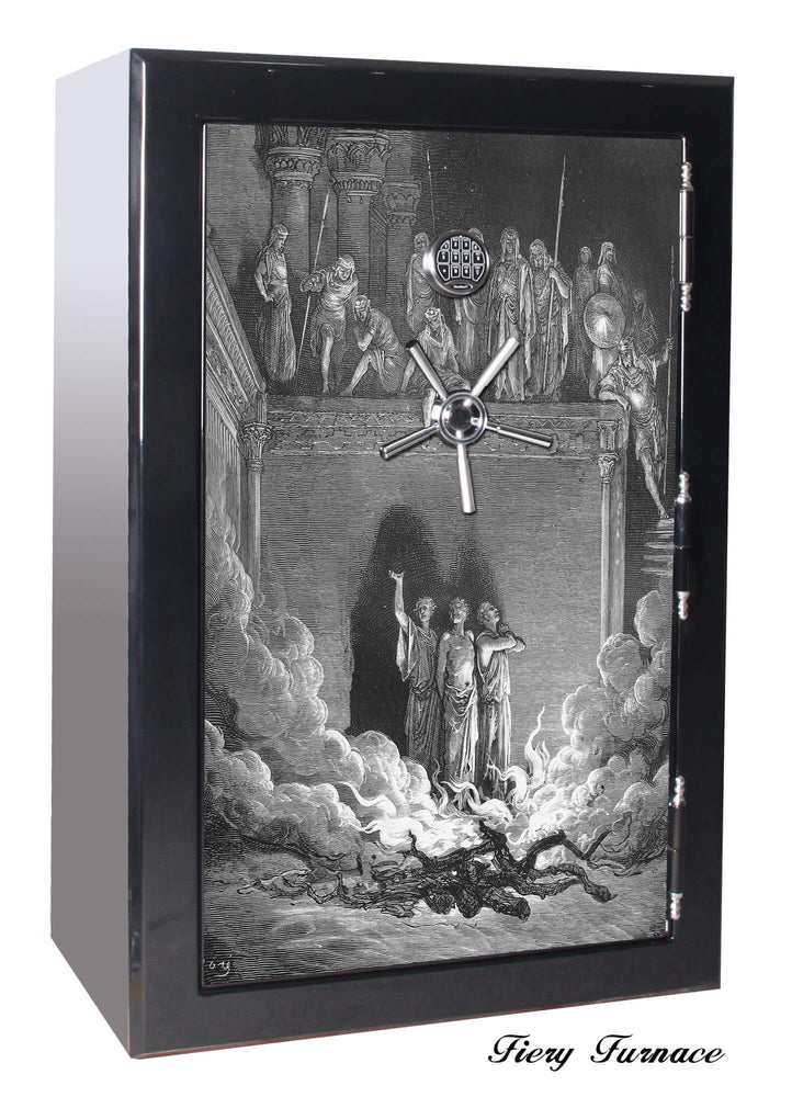 60 inch tall by 39 inch wide Old Glory gun safe locked in gloss black with custom biblical series Fiery Furnace graphic design