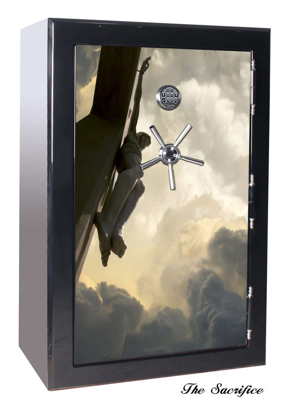 60 inch tall by 39 inch wide Old Glory gun safe locked in gloss black with custom biblical series The Sacrifice graphic design