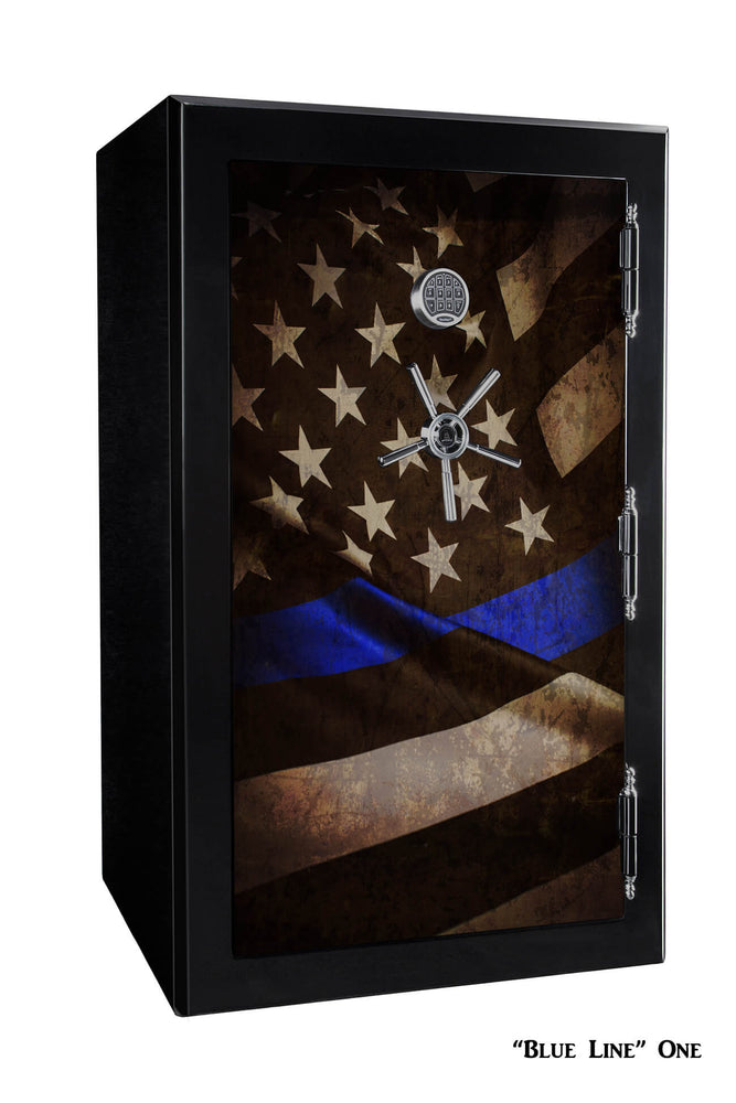 
                  
                    60 inch tall by 39 inch wide Old Glory gun safe locked in gloss black with custom Blue Line One graphic design
                  
                