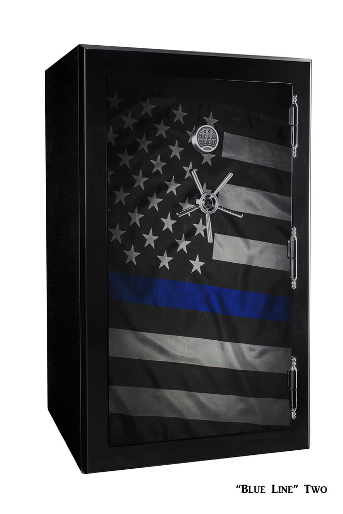 60 inch tall by 39 inch wide Old Glory gun safe locked in gloss black with custom Blue Line Two graphic design