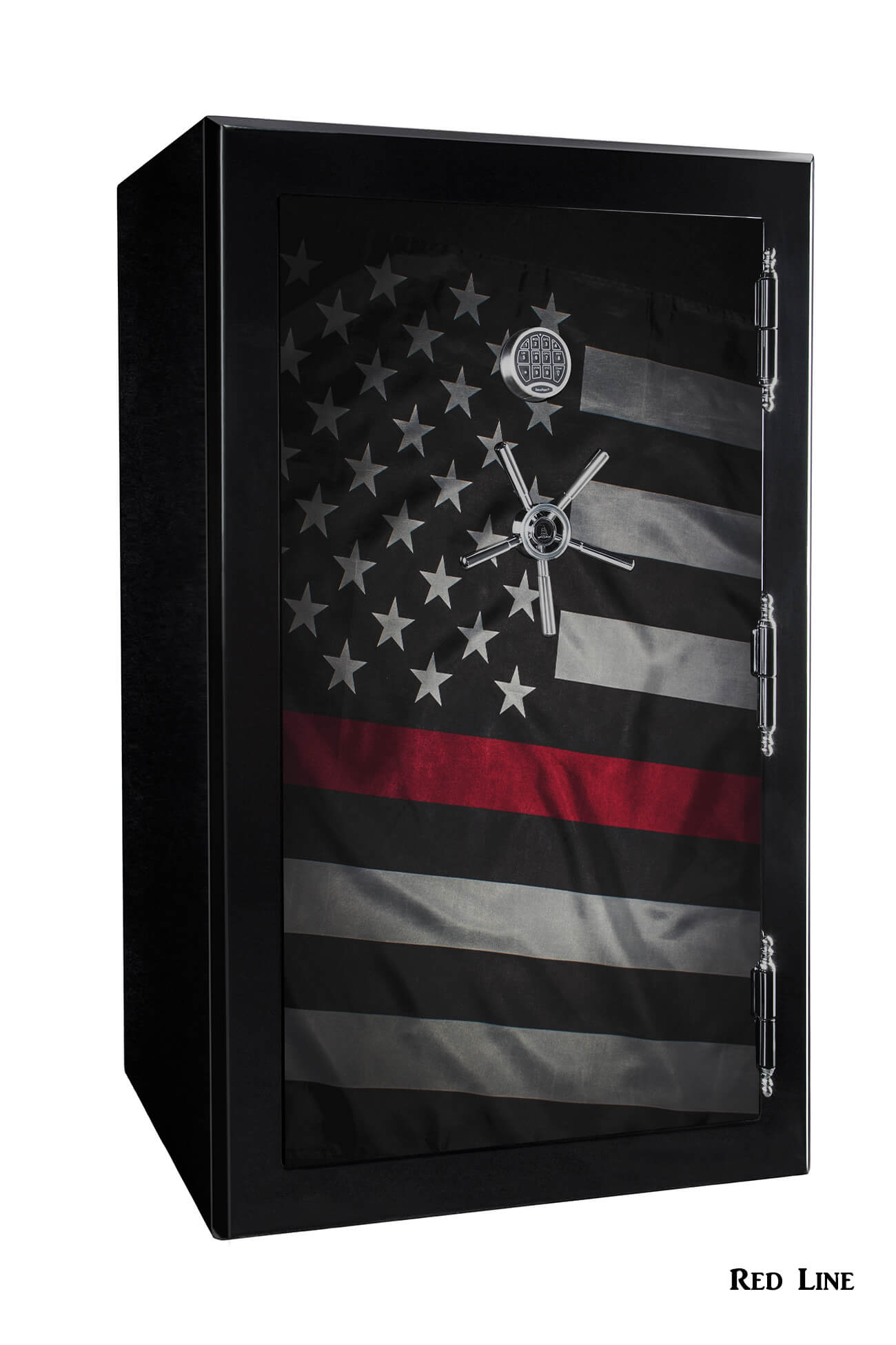 60 inch tall by 39 inch wide Old Glory gun safe locked in gloss black with custom Red Line graphic design