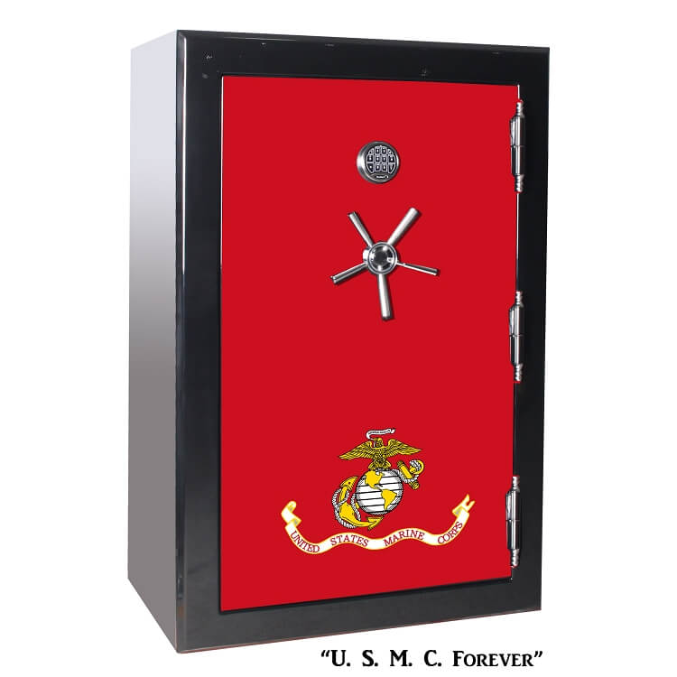 60 inch tall by 39 inch wide Old Glory gun safe locked in gloss black with custom United States Marine Core Forever graphic design