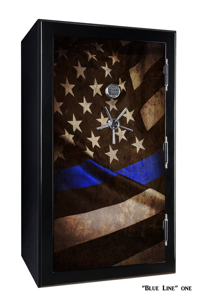 
                  
                    72 inch tall by 42 inch wide Old Glory gun safe locked in gloss black with custom Blue Line One graphic design
                  
                