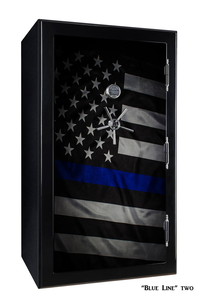 72 inch tall by 42 inch wide Old Glory gun safe locked in gloss black with custom Blue Line Two graphic design