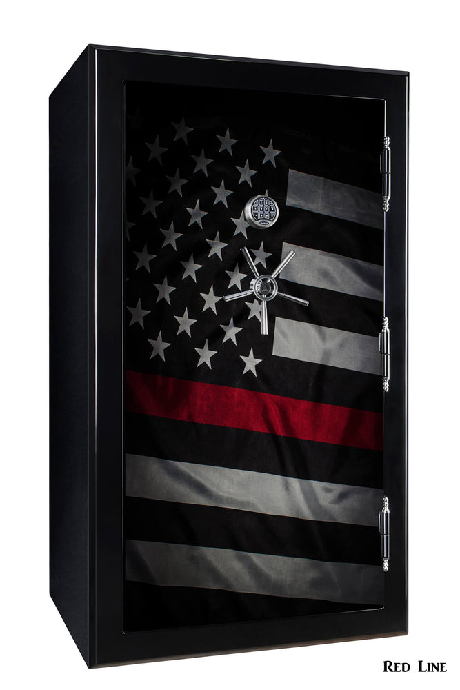 72 inch tall by 42 inch wide Old Glory gun safe locked in gloss black with custom Red Line graphic design