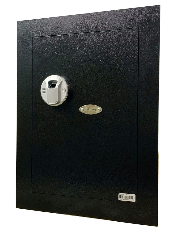 
                  
                    Old Glory Wall Safe with biometric fingerprint lock in textured black
                  
                